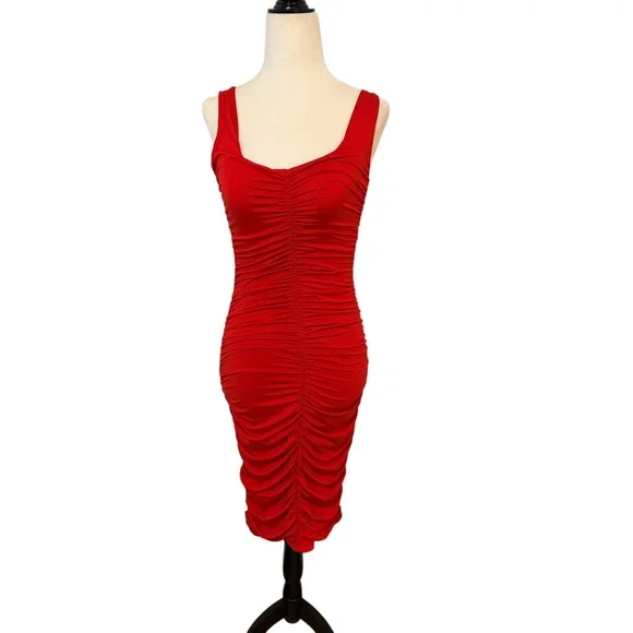 NEW Red Small Ruched Smal Body-con Midi Dress Scoop Neck Sleeveless‎ - Picture 3 of 7